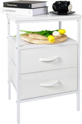 White Nightstand with 2 Fabric Drawers, Modern Bedside Table with Storage & Open Wood Shelf, Stylish End Table for Bedroom