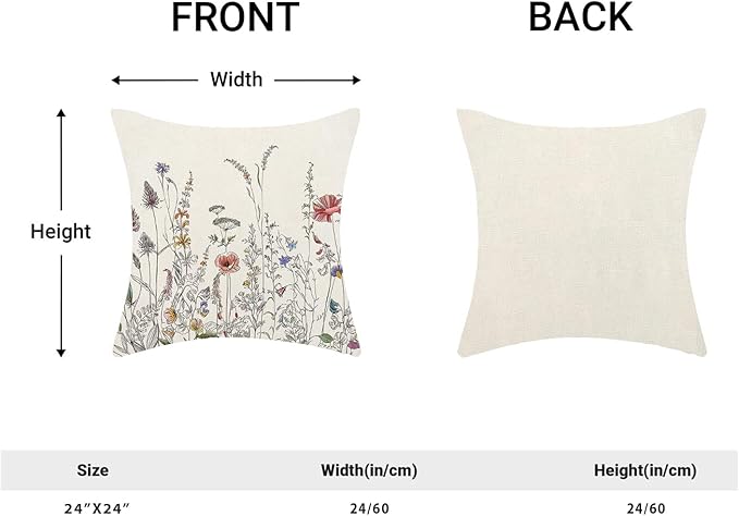 AEIOAE Spring Pillow Covers 24x24 Inch Set of 2, Black Wild Flower Throw Pillows Case,Colorful Seasonal Floral Plant Outdoor Decorative Farmhouse Decor Cushion Covers for Home Sofa Bed Couch