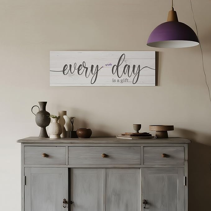 Every Day is a Gift Signs Wall Decor Inspirational Quotes Wall Plaques Family Home Framed Wall Art Vintage Farmhouse Canvas Prints Artwork for Bedroom Living Room Entryway Home Decoration 8x24 inch