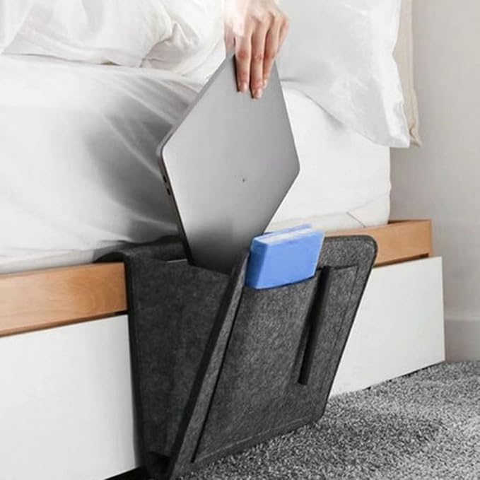 Bedside Organiser, Bedside Storage Pocket, Felt Bag Bed Hanging Storage Pouch Sofa Desk Hanging Organizer Remote Holder or Home Bed Rails, Sofa, Bunk Beds Dark Grey