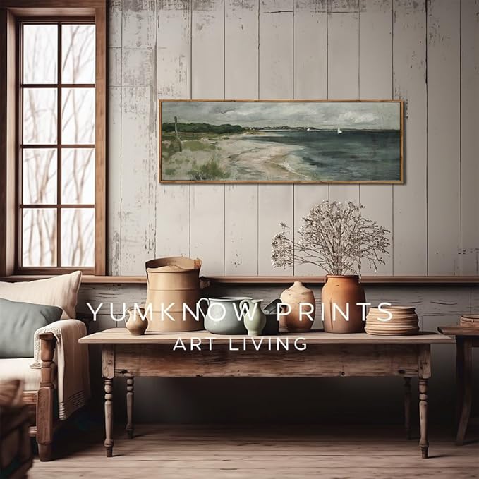 Framed Canvas Wall Art for Bedroom - Long Horizontal 13.5x40" Above the Bed - Vintage Farmhouse French Country - Muted Abstract Coastal Ocean Boat Moody Seascape - Cottagecore Master Guest Room Decor