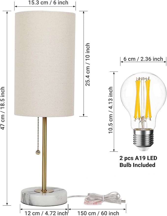 Bedside Table Lamp with Marble Base: Pull Chain Switch 3-Way Dimmable | Linen Fabric Shade & Golden Pole Small Nightstand Lamps 18.5 Inches for Bedrooms, Office, Dinning Room, Set of 2
