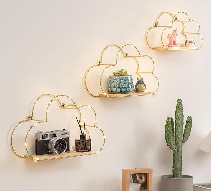 Golden Cloud Shape Floating Shelves with LED Lights Wall Decor,Gold Metal Wire and Wood Base Wall Mounted Shelf Decorations for Home Bedroom Living Room - Set of 3
