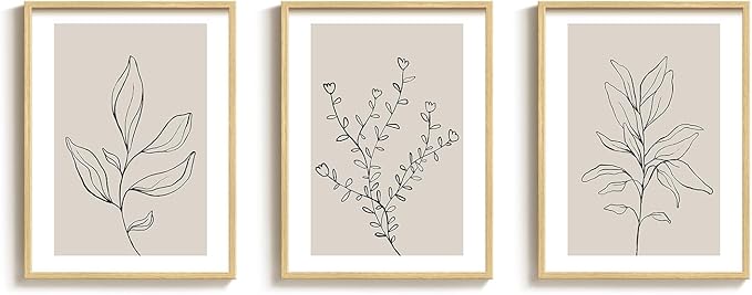 Framed Botanical Line Bedroom Wall Art, 3 Piece Neutral Leaf Print for Room Wall Decor, Minimalist Beige Plant Artwork for Walls, Botanical Picture for Living Room Guest Room Hallway Decor, 12x16 Inch