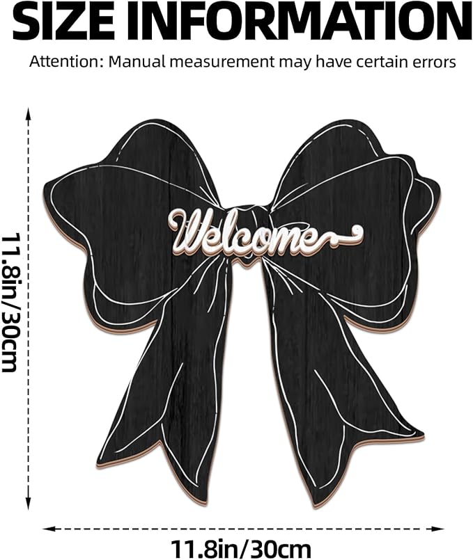 Black Bow Decor Hanging Sign Cute Coquette Bow Decoration Double-sidedWooden Bowknot Welcome Door Sign for Preppy Room Wall Home Bedroom Fall Halloween Indoor Outdoor Porch