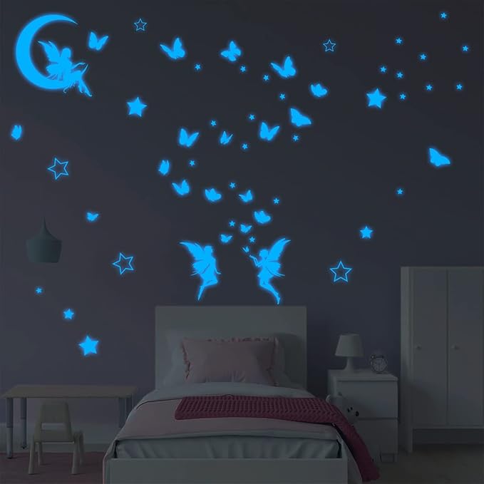 Fantasy Fairy Wall Decal Sticker Glow in The Dark, Girl Bedroom Moon Butterfly Luminous Decoration, Peel and Stick Star Decor for Ceiling