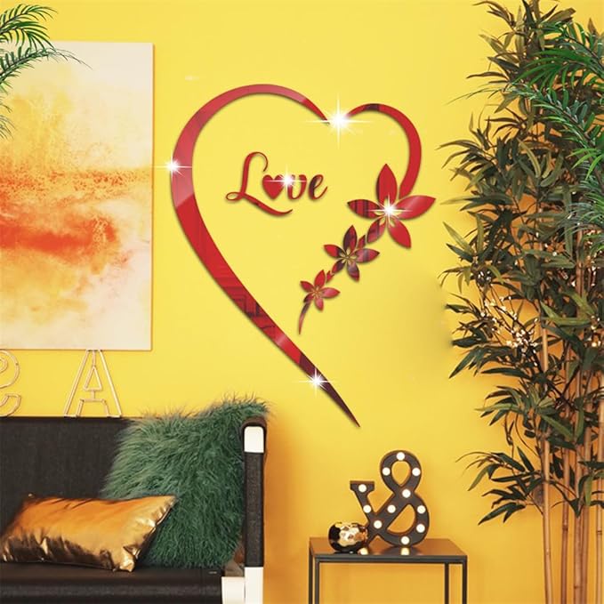 Heart Shape Mirror Wall Sticker, Self-Adhesive Love Heart Acrylic Mirror Wall Stickers Art Mural, DIY Walls Art Home Decor Heart Mirror Wall Decals for Living Room Bedroom Bathroom Office (Red)