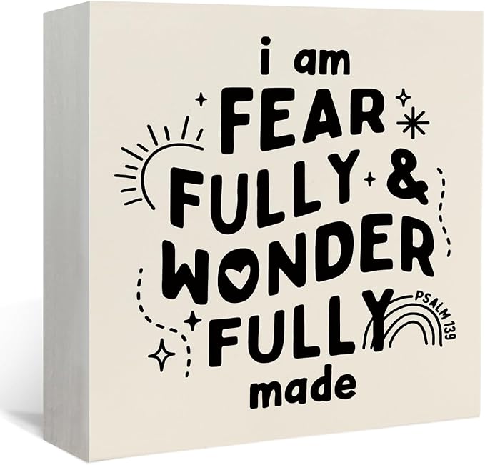 Lacama Christian Nursery Wooden Box Sign, I Am Fearfully and Wonderfully Made Bible Verse Decorations Wood Block Signs, Inspirational Religious Wood Sign for Kids Room Desk Shelf Wall Decor 5x5 Inches