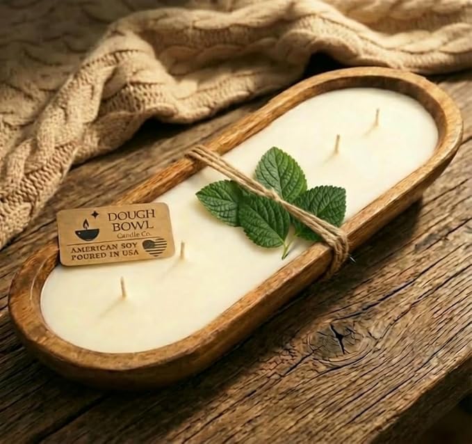 Dough Bowl Candle Co. Sandalwood Soy Candle - 6 Wick Rustic Farmhouse Decor Odor Eliminator in Wooden Bowls, 32 Ounce Wooden Dough Bowl Candle, All-Natural Gifts for Women and Men, Coffee Table Decor