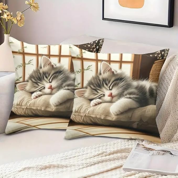 Decorative Throw Pillow Covers with Sleeping Cat Design, 18x18 Pillows Linen Pillowcase Square Cushion Cases, Set of 2