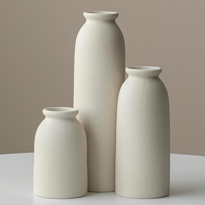 Ceramic Vase Set-3, 10.3 Inch Tall Flower Vases for Decor, Modern Boho Farmhouse Style, Decorative Vases for Pampas Grass & Dried Flowers, Distressed Finish (L Beige)