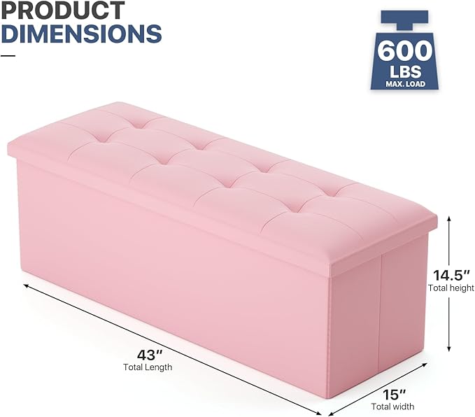 MoNiBloom 43 Inch Storage Ottoman Bench, 34 Gal. Folding Ottoman Footrest, End of Bed Bench, Rectangle Foot Stool, Supports 600 lbs, for Bedroom, Living Room, Entryway, Hallway, Light Pink