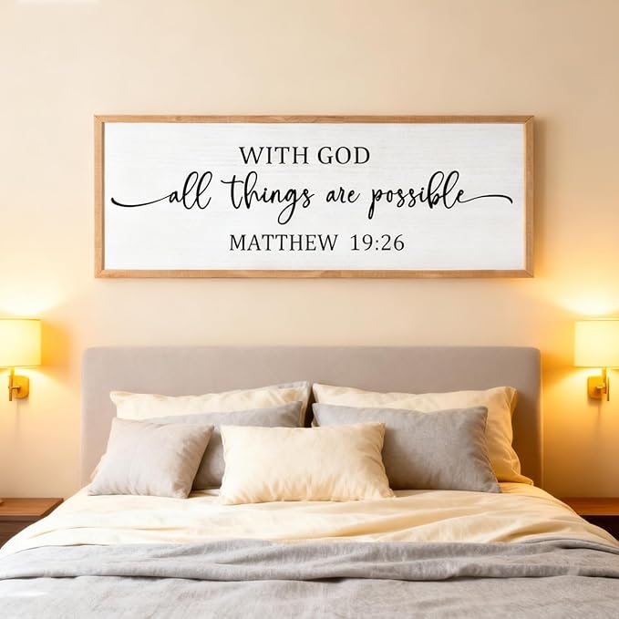 With God All Things are Possible Framed Wall Art, 40''×15'' Positive Religious Rustic Bible Verse for Christian God Jesus Christ Prayer, Vintage Horizontal Holy Inspirational Catholic Scripture Decor