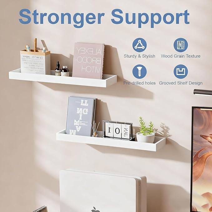 2 Pack 23.6 in White Floating Shelves for Wall, Wooden Wall Shelves for Bedroom Living Room Kitchen, Modern and Rustic Bathroom Shelves with Raised Lip, Decor Floating Shelf for Storage Display