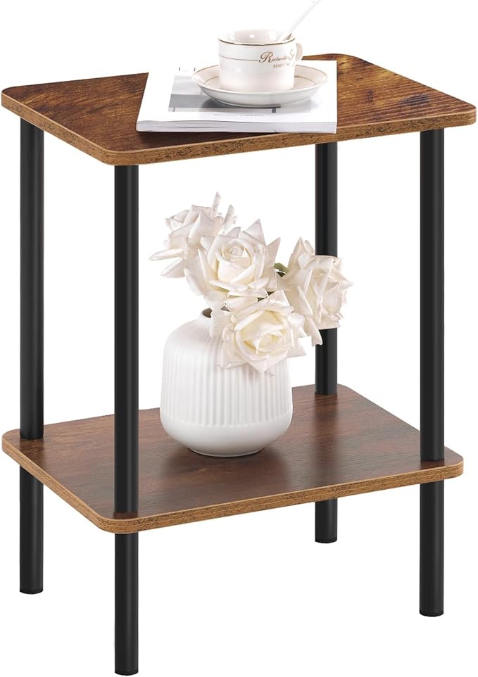 Apicizon 2 Tier End Table, Small Side Table with Solid Wood Legs, Boho Bedside Table with Storage Shelf, Nightstand for Small Spaces, Bedroom, Living Room, Entryway, Farmhouse, Easy Assembly, Brown
