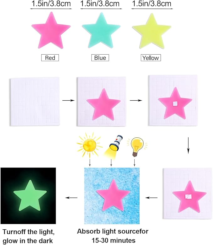 AM AMAONM 100pcs Glow in The Dark Luminous Stars Fluorescent Noctilucent Plastic Stars Wall Stickers Glowing Stars Decals for Home Art Decor Nursery Ceiling Kids Babys Bedroom Room Multicolor