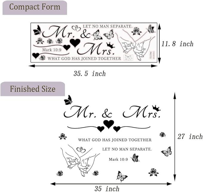 Mr. and Mrs. Wall Decals Wall Art Sticker Peel and Stick Wedding Sayings Art Lettering Stickers Hands with Hearts Romantic Wall Decor Wedding Anniversary Decor Bedroom Living Room Home Decor