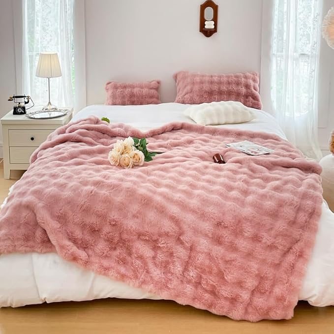 H&D Faux Fur Throw Blanket for Couch,Fluffy Cozy Soft Plush Luxury Thick Fuzzy Fleece Blanket for Couch Bed Sofa Bedroom Living Room,Comfy Bubble Blanket(Rose, Twin (60"x80"))