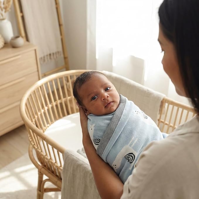 Baby Receiving Swaddle Stroller Blanket - 100% Fine Loomed Cotton Cozy Cuddle Crib Stroller Unisex Quilt Knit Blanket for Newborns Infants Toddler Boys and Girls (Llama - Baby Blue)