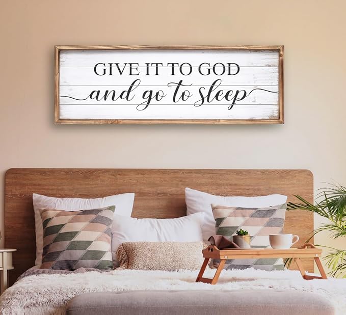 Give It to God and Go to Sleep Sign 42''×15'' Large Above Bed Wall Decor Farmhouse Bedroom Decor Wood Guest Room Decor Framed Wall Art Rustic Master Bedroom Wall Decoration