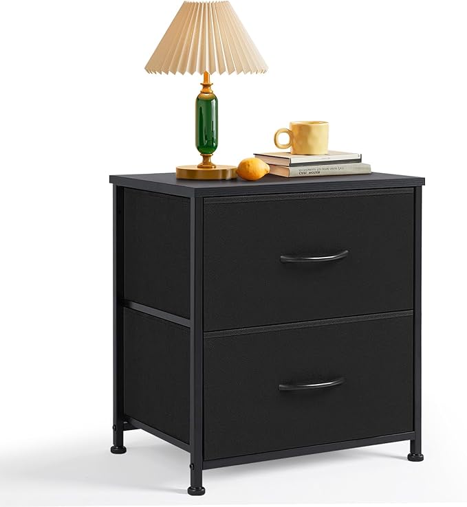 Nightstand Set of 2, Small 2 Drawer Dresser End Table Bedside Furniture, Wooden Top Fabric Bins for Bedroom, Closet, Entryway, Dorm, 11.8" D x 18" W x 20", Black