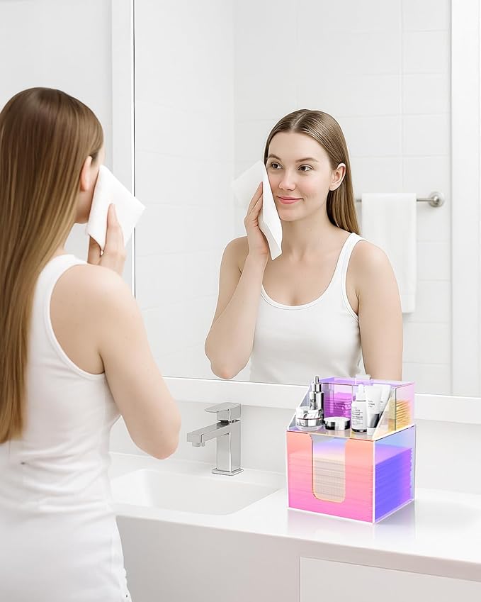 Disposable Facial Towels Storage Box Compatible with Clean Skin Club Clean Towel XL - Cotton Pads - Swabs Upgraded Double Layer Acrylic Storage Container Face Towel Holder (Glossy Rainbow)