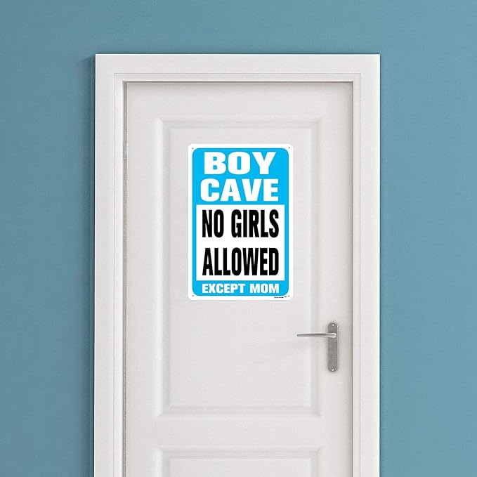 12"x16" Aluminum Sign, Boy Cave Signs No Girls Allowed Except Mom Sign, Blue Metal Sign for Little Man Cave Bedroom Living Room Wall Decor