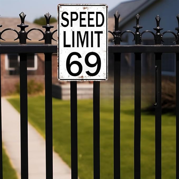Boys Gifts Retro Tin Sign Speed Limit 69 Sign for Boys Room Man Cave Garage Cars Themed Room Bedroom Vintage Style Wall Art Decor 8 x 12 Inch (3296)