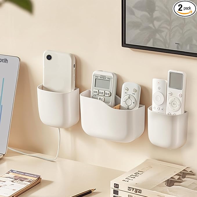 Wall Mount Remote Control Holder, Adhesive Phone Charging Holder, Universal TV Remote Organizer, Controller Storage Organizer Box with Adjustable Divider for Phone,Room, Bedside, Office (S*2&L*1)