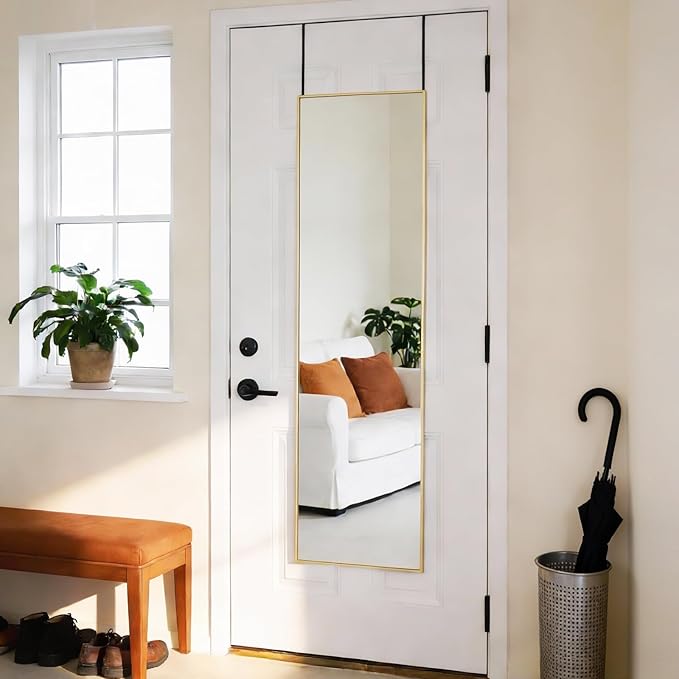 DUMOS 47x14 Full Length Mirror Over The Door, Wall Mounted Full Body Mirror, Door Hanging Metal Aluminum Alloy Frame Dressing Mirror for Bedroom, Living Room, Entryway, Gold