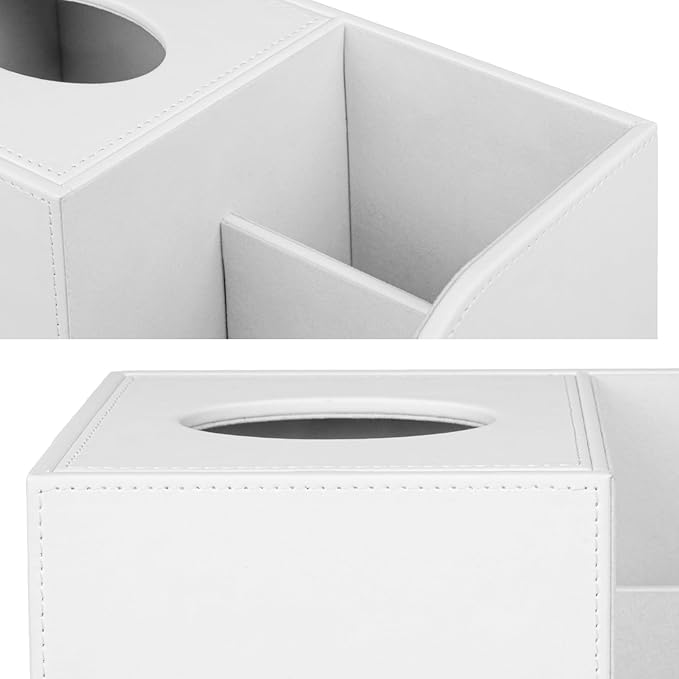 PU Leather Tissue Box Cover with Remote Control Holder, Square Tissue Box Holder for Living Room Bathroom Office (Cream-White)