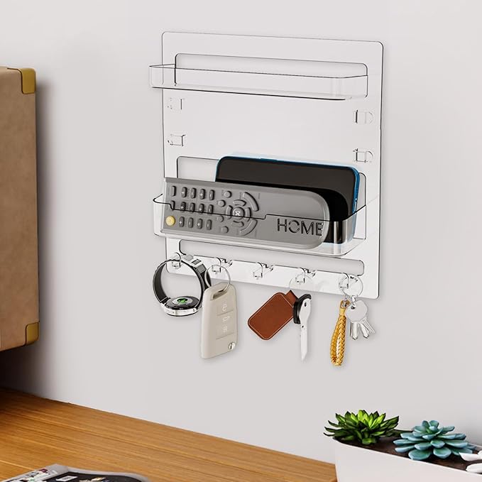 Ejoyous Bedside Shelf Wall Mount, Adhesive Phone Holder Organizer with Hooks and Cable Clips On Dorm Room, Wall Storage for Glasses Remote Earphone Cell Phone Charger Keys Snacks (Transparent)