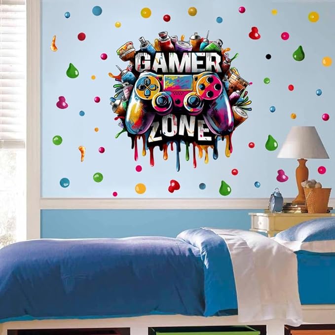 Large 3D Graffiti Gamer Zone Wall Decals (26.8”x26.4”), Watercolor Video Gaming Vinyl Wall Stickers for Game Lover, Removable Video Game Artwork for Boys Playroom Bedroom Decor