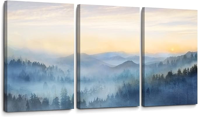 YJYart Foggy Forest Canvas Wall Art Landscape Mountain Wall Art for Living Room Sunrise Wall Decor Modern Artwork Canvas Prints Pictures for Wall Home Office Size 24"x 36"x 3pcs
