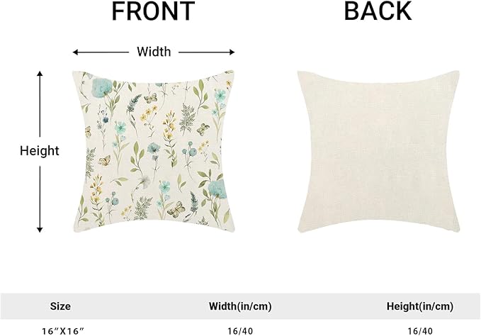 Spring Pillow Covers 16x16 Inch Set of 2, Aqua Teal Sage Green Wild Flower Throw Pillows Case,Colorful Seasonal Floral Plant Outdoor Decorative Farmhouse Decor Cushion Covers for Sofa Bed Couch