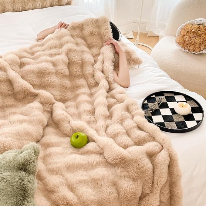 H&D Faux Fur Throw Blanket for Couch,Fluffy Cozy Soft Plush Luxury Thick Fuzzy Fleece Blanket for Couch Bed Sofa Bedroom Living Room,Comfy Bubble Blanket(Camel, Twin (60"x80"))