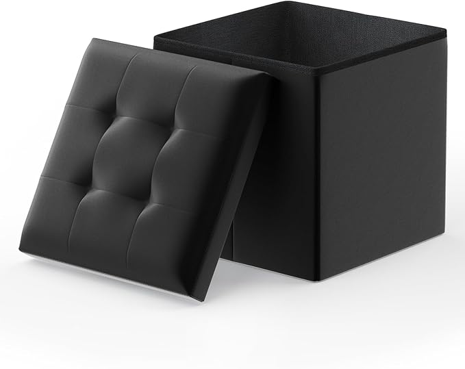 MoNiBloom Folding Storage Ottoman Cube, 15 Inches Small Ottoman with Storage, Footstool Rest Padded Seat for Living Room, Bedroom, Entryway, Hallway, Black