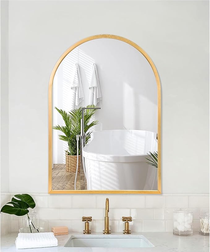 Arched Gold Framed Wall Mirror, 26"x18" Aluminum Alloy Bathroom Mirror for Wall, for Bedroom Entryway Living Room Vanity Large