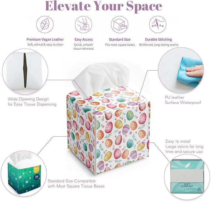 Easter Day Napkin Tissue Box Cover, Floral Eggs Waterproof Leather Paper Organizer Dispenser for Table Dining, Bathroom, Nightstand Vanity, Car, Housewarming Gift Ideas, J