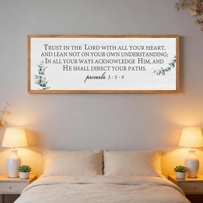 Trust in the Lord with All Your Heart Wall Art: 40"x15" Framed Bible Verse Wooden Sign, Proverbs 3:5–6 Christian Wall Decor, Large Rustic Scripture Home Decor, Natural