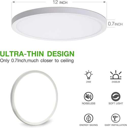 6Pack 12Inch LED Flush Mount Ceiling Light Fixture,24W 2400LM,Dimmable CCT 3000K/4000K/5000K,Round Flat Panel Light for Bedroom,0.7Inch Thin Modern Low Profile Ceiling Lights for Hallway,Porch
