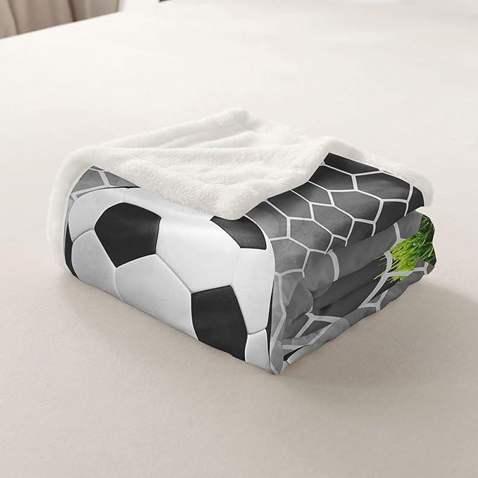 Soccer Sherpa Football Field Goal Blanket Throw - Summer Sports Games Fleece Blanket - Fantasy Bubble Fuzzy - Kids Girls Teens Baby - 30"x40" Green White