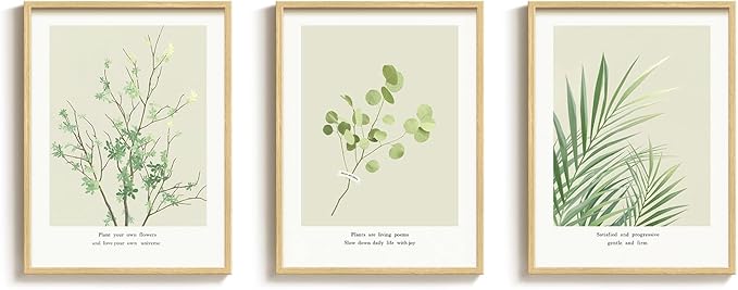 Framed Green Leaf Botanical 3 Piece Wall Art Bedroom, Modern Minimalist Floral Painting Print Canvas Artwork for Walls, Neutral Rustic Nature Pictures Wall Decor Living Room Nursery Kitchen, 12x16 In