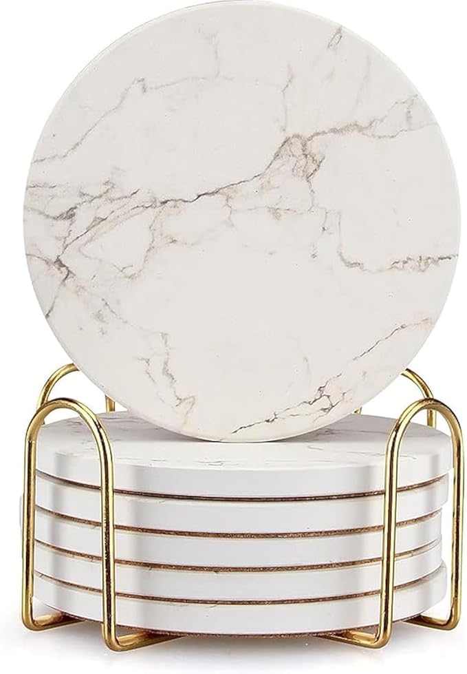 6 Pack White Marble Coaster Set with Holder Absorbent Drink Coasters Ceramic Cute Coaster Bar Dining Coffee Table Accessories Decor Gift Funny Cup Stone Modern Costers Cool Desk Beer Cork Coasters
