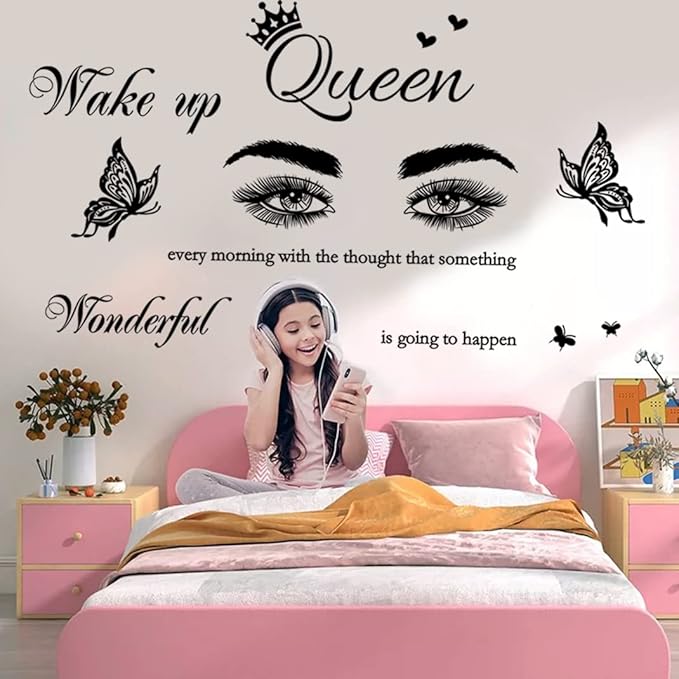 Inspirational Quote Wall Decal Wake up Every Morning with The Thought That Something Wonderful is Going to Happen Vinyl Beauty Eyes Wall Sticker Removable Motivational Art Letters Queen Decals for