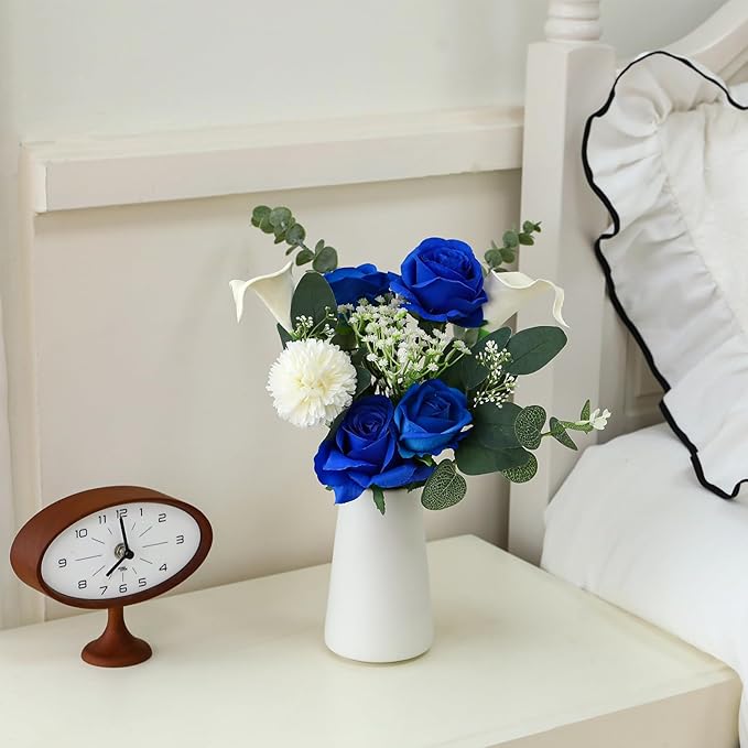 Fake Flowers with a Ceramic Vase for Centerpiece Table Decorations, Faux Blue Silk Rose in Vase, Flowers Arrangements Artificial Flowers Indoor for Dinning Coffee Table Home Decor(Blue White)