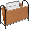 MyGift 15 Inch Modern Caramel Leatherette and Black Metal Magazine Holder with Round Handles, Floor Standing Faux Leather Book Storage Newspaper Rack, Home Bathroom Decor