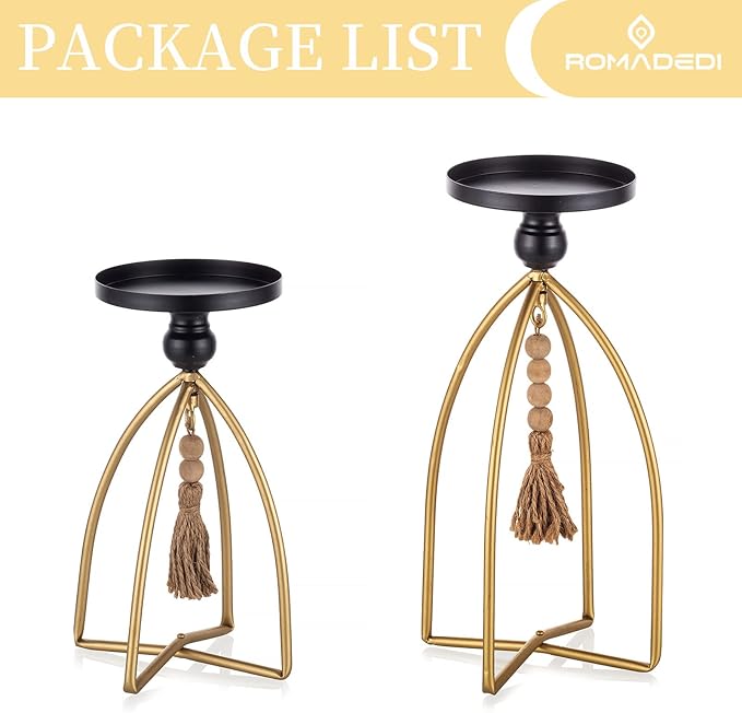 Romadedi Candle Holder Boho Decor - Set of 2 Metal Pillar Candle Stand with Beads for Living Room Mantle Shelf Farmhouse Table Centerpiece for Rustic Chic Home Decoration