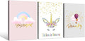 Colorful Unicorn Wall Art for Girls Bedroom Pink Unicorn Poster Pictures 3 pcs Motivational Rainbow Hot Air Balloon Cartoon Unicorns Paintings for Teen Girl Women Nursery Bathroom Decor 16"x24"