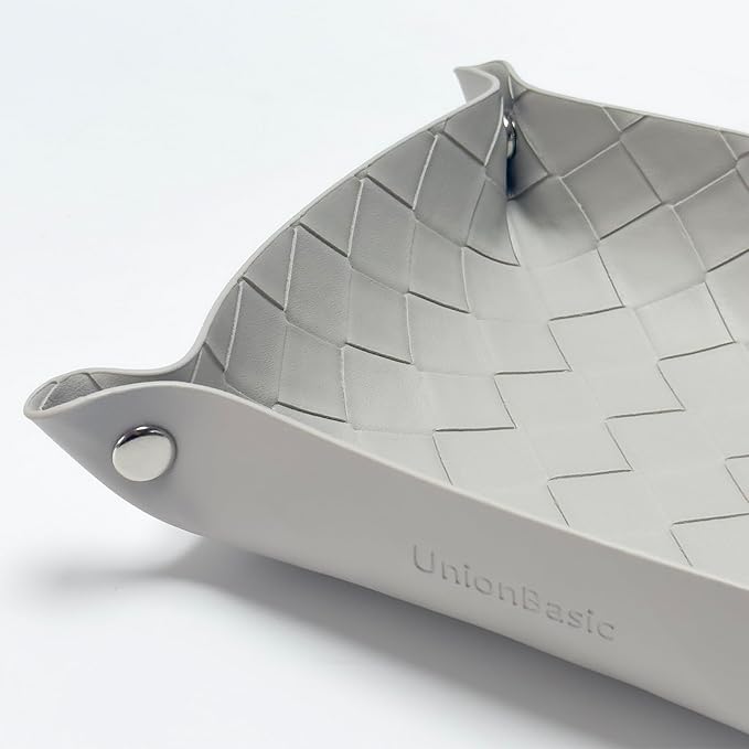 UnionBasic Small Valet Tray, Jewelry Tray for Rings Watches Earrings, Entryway Catchall Caddy for Coins Keys Change, Nightstand Bedside Valet Holder, Trays for Electronic Gadgets, Woven Light Gray